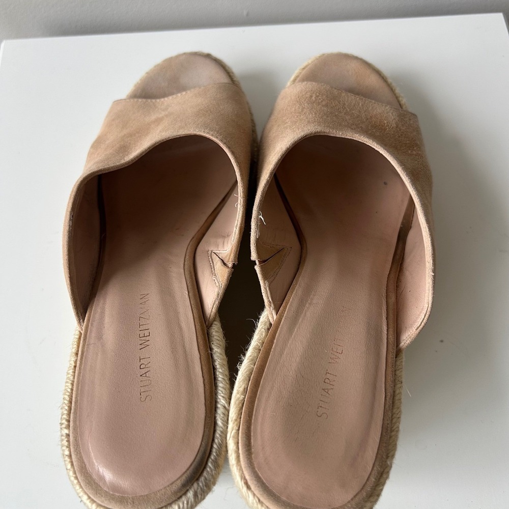 Stuart Weitzman Wedge Sandals 8.5 Tan Suede Espadrille‎ Slide Mules Beach Resort - Picture 7 of 11